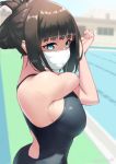  1girl bangs black_swimsuit blue_eyes blue_sky breasts brown_hair commentary_request competition_swimsuit day eyebrows_visible_through_hair folded_ponytail hands_up hassu highres jonsun large_breasts mask one-piece_swimsuit outdoors pool sideboob sidelocks sky solo ssss.gridman stretch surgical_mask swimsuit twitter_username upper_body 