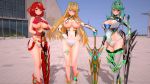  3d 3girls angry bangs blonde_hair boots breasts concrete custom_maid_3d_2 elbow_gloves gem gloves green_eyes green_hair hikari_(xenoblade_2) holding holding_sword holding_weapon homura_(xenoblade_2) jewelry large_breasts long_hair looking_at_viewer multiple_girls nervous nintendo nipples nude panties pantyhose plant pneuma_(xenoblade_2) ponytail red_eyes red_hair shoulder_armor shy spoilers standing staring swept_bangs sword thigh_strap tyrving underwear very_long_hair weapon window xenoblade xenoblade_(series) xenoblade_2 yellow_eyes 