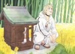  1boy bug butterfly choker collar forest highres hood hoodie insect jacket looking_at_another looking_up male_focus nansen_ichimonji nature open_clothes open_jacket outdoors pants sandals smile squatting sweatpants touken_ranbu traditional_media tree watercolor_(medium) 