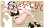  1girl armpits ass bangs bare_shoulders barefoot belt bikini bikini_top black_bikini blue_eyes border bracelet breasts cleavage dagashi_kashi erect_nipples eyebrows_visible_through_hair feet flower food full_body glasses hair_flower hair_ornament hairband handplug high_heels jewelry large_breasts legs looking_at_viewer midriff nail_polish navel open_mouth pocky purple_hair shidare_hotaru short_hair shorts single_high_heel soles solo swimsuit teeth toes tongue tongue_out white_border 