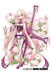  1girl blush copyright_name crescent crescent_hair_ornament dmm eyes_visible_through_hair floral_background flower flower_knight_girl full_body hair_between_eyes hair_flower hair_ornament hairclip hand_on_own_chest highres holding holding_weapon long_hair long_sleeves looking_at_viewer object_namesake oenothera_(flower_knight_girl) official_art pink_hair purple_eyes solo standing striped thighhighs vertical_stripes very_long_hair weapon white_background yuui_hutabakirage 