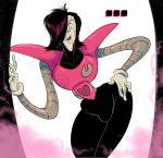  black_hair bulge clothing gloves hair hair_over_eye half-closed_eyes hand_on_hip hi_res humanoid licking_teeth lipstick looking_at_viewer machine makeup male mettaton pants robot signature slb solo undertale video_games 