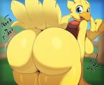 2019 absurd_res anthro anthrofied avian big_breasts big_butt blue_eyes bottomless breasts butt butt_focus chocobo clothed clothing dialogue digital_drawing_(artwork) digital_media_(artwork) english_text feathers female final_fantasy harness hi_res huge_butt looking_at_viewer looking_back miso_souperstar solo square_enix text thick_thighs video_games voluptuous yellow_feathers 