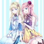  2girls atelier_(series) atelier_meruru blonde_hair blue_eyes crown dress elbow_gloves fingerless_gloves formal gloves hair_ornament kaena_swaya long_hair maromi_(am97) merurulince_rede_arls multiple_girls open_mouth pink_hair side-by-side sitting smile star thighs 