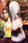  2girls alcohol bar barmaid beer beer_mug blue_eyes blush bottle breasts cleavage commentary_request counter drunk eyepatch eyes_closed eyes_visible_through_hair food fork german_flag girls_frontline hair_over_one_eye holding_skirt large_breasts m16a1_(girls_frontline) mg5_(girls_frontline) multiple_girls sausage white_hair wine_bottle yodori-san 