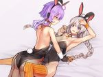 2girls :q alternate_costume animal_ears armpits ass bare_shoulders black_leotard blue_eyes blush braid breasts bunny_ears bunny_tail bunnysuit cleavage commentary_request detached_collar embarrassed fingerless_gloves fishnet_pantyhose fishnets gloves groin hand_up headset holding_another&#039;s_arm kizuna_akari leaning_forward leotard leotard_pull long_hair looking_at_another lying medium_breasts microphone multiple_girls on_back orange_legwear pantyhose pinned purple_hair se-u-ra silver_hair small_breasts striped striped_legwear tail tears thighhighs tongue tongue_out twin_braids twintails vertical-striped_legwear vertical_stripes very_long_hair vocaloid voiceroid you_gonna_get_raped yuri yuzuki_yukari 