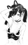  absurdres animal_ears armpits black_eyes black_hair breasts cat_ears choker earrings fake_animal_ears gagaimo gloves highres jewelry large_breasts lingerie maid maid_bikini monochrome original stud_earrings swimsuit traditional_media twintails underwear 