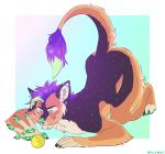  anthro ass_up ball canid canine ear_piercing flynx-flink fur hair male mammal nude piercing simple_background smile solo tennis_ball 