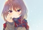  1girl brown_hair commentary_request fingernails grin highres jacket long_fingernails looking_at_viewer medium_hair nail_polish original purple_eyes scarf simple_background smile solo sweater tamaki_fuyu upper_body 