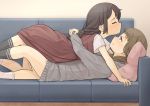  2girls blush brown_hair couch dress eyes_closed female frottage hug indoors komaniwa_kabocha leg_between_thighs long_hair looking_at_another lying multiple_girls naked_sweater on_back original socks sweater yuri 