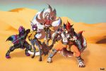  anthro canid canine clothed clothing cybernetics cyborg desert dragon duo female gas_mask hi_res hybrid kanogetz machine male mammal mask melee_weapon muscular muscular_male outside standing sword weapon wide_hips 