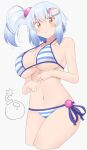  1girl bikini blue_hair blush bomb bombergirl breasts hair_ornament highres large_breasts looking_at_viewer mukuba navel one_side_up shiro_(bombergirl) side_ponytail solo striped swimsuit yellow_eyes 