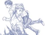  2boys carrying carrying_over_shoulder chaldea_uniform cu_chulainn_alter_(fate/grand_order) earrings elbow_gloves fate/grand_order fate_(series) fujimaru_ritsuka_(male) gloves jewelry k29 lancer long_hair looking_back male_focus monochrome multiple_boys over_shoulder sharp_teeth shoes shoulder_carry simple_background smile spikes tail teeth uniform white_background 