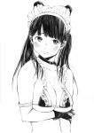  absurdres animal_ears armband bangs blunt_bangs bra breast_hold breasts cat_ears choker fake_animal_ears fang fangs gagaimo gloves highres lace lace-trimmed_bra large_breasts maid maid_bikini maid_headdress monochrome original traditional_media twintails underwear upturned_eyes 