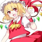  1girl absurdres bangs blonde_hair blush bow chiyori_(soleilandiris) commentary_request cowboy_shot eyebrows_visible_through_hair flandre_scarlet hat hat_bow highres mob_cap open_mouth raised_eyebrows red_bow red_eyes red_skirt red_vest shirt short_sleeves simple_background skirt smile solo touhou vest white_background white_headwear white_shirt wings wrist_cuffs yellow_neckwear 