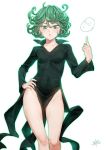  1boy 1girl black_dress blush breasts covered_navel curly_hair dress eyelashes green_eyes green_hair highres justin_leyva_(steamy_tomato) lips looking_at_viewer no_panties one-punch_man parted_lips pelvic_curtain saitama_(one-punch_man) shiny shiny_hair short_hair side_slit simple_background small_breasts solo_focus tatsumaki white_background 
