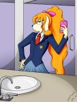  bathroom canid canine canis clothing cotton_lane domestic_dog drake-rex female hi_res mammal poodle school_uniform selfie teenager uniform young 