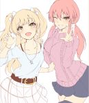  2girls :d ;d bangs belt blonde_hair bracelet breasts brown_belt collarbone earrings eyelashes fang fingernails grin hand_up idolmaster idolmaster_cinderella_girls idolmaster_cinderella_girls_starlight_stage jewelry jougasaki_mika jougasaki_rika long_hair long_sleeves looking_at_viewer miniskirt multiple_girls necklace one_eye_closed open_mouth pale_color pink_hair pleated_skirt ryuu. skirt smile star star_necklace two_side_up w yellow_eyes 