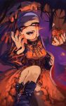  1girl bangs blunt_bangs blush boots breasts collar cupcake domino_mask dress fangs food halloween hat highres ink inkling long_hair mask open_mouth orange_eyes pointy_ears purple_hair silk skull_hat smile solo spider_web splatoon_(series) tentacle_hair tona_bnkz witch_costume witch_hat 