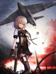  1girl aircraft airplane bomb bomber cargo_aircraft chinese_commentary cloud cloudy_sky commentary_request explosion fire forest girls_frontline gun highres kriss_vector military military_vehicle nature parachute shumeia sky smoke solo submachine_gun suppressor vector_(girls_frontline) weapon 