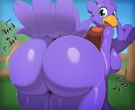  2019 absurd_res anthro anthrofied avian big_breasts big_butt blue_eyes bottomless breasts butt butt_focus chocobo clothed clothing dialogue digital_drawing_(artwork) digital_media_(artwork) english_text feathers female final_fantasy harness hi_res huge_butt looking_at_viewer looking_back miso_souperstar purple_feathers solo square_enix text thick_thighs video_games voluptuous 