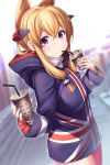  1girl akanagi_youto alternate_costume azur_lane bangs blonde_hair blue_hoodie blurry blurry_background casual commentary_request contemporary cowboy_shot cup disposable_cup drinking drinking_straw dutch_angle eyebrows_visible_through_hair hair_between_eyes hair_ornament highres holding holding_cup hood hoodie long_hair long_sleeves pantyhose pink_legwear pointy_hair purple_eyes sidelocks solo standing union_jack warspite_(azur_lane) wide_sleeves 