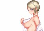  1girl ace_combat ace_combat_7 blonde_hair blue_eyes braid breasts flower french_braid hair_flower hair_ornament medium_breasts nipples puffy_nipples rosa_cossette_d&#039;elise short_hair solo undressing 