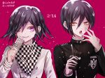  2boys artist_name black_hair black_jacket chocolate commentary_request danganronpa dated food hair_between_eyes holding holding_chocolate jacket male_focus medium_hair multiple_boys new_danganronpa_v3 one_eye_closed ouma_kokichi pink_background plaid plaid_scarf purple_eyes saihara_shuuichi scarf short_hair simple_background striped_jacket white_chocolate white_jacket yellow_eyes z-epto_(chat-noir86) 