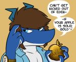  2019 4_fingers ^_^ anthro apple blue_eyes brown_hair captainzepto claws clock clothed clothing dragon english_text eyes_closed food fruit hair holding_object horn male meme multicolored_scales navarchus_zepto scales scalie simple_background smile solo speech_bubble tan_background text two_tone_scales watch wristwatch 