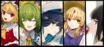  5girls :3 :d ^_^ aqua_sailor_collar ascot bangs bare_shoulders black_border black_eyes black_hair blonde_hair blue_vest blush border brown_headwear clenched_hand closed_eyes column_lineup commentary_request daimaou_ruaeru daiyousei eyebrows_visible_through_hair eyes_closed facing_viewer fang flandre_scarlet frilled_shirt_collar frills from_side green_eyes green_hair grin hair_ribbon hair_tubes hakurei_reimu hands_up hat hat_ribbon head_tilt highres holding long_hair long_sleeves looking_at_viewer mob_cap moriya_suwako multiple_girls murasa_minamitsu open_mouth outline parted_lips profile puffy_short_sleeves puffy_sleeves purple_vest puzzle_piece red_eyes red_ribbon red_skirt red_vest ribbon sailor_collar sailor_hat sailor_shirt shirt short_hair short_sleeves sidelocks skirt smile touhou upper_body vest water_drop white_headwear white_outline white_shirt yellow_eyes yellow_neckwear yellow_ribbon 