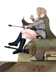  1girl absurdres belt black_belt black_footwear blonde_hair blue_eyes blush bonple_military_uniform boots braid brown_cape brown_jacket brown_ribbon brown_skirt cape closed_mouth commentary_request eyebrows_visible_through_hair from_side girls_und_panzer girls_und_panzer_ribbon_no_musha ground_vehicle hair_bun hair_over_shoulder hair_ribbon head_tilt highres holding insignia jacket jajka_(girls_und_panzer) knee_boots legs_crossed long_hair long_sleeves looking_at_viewer military military_uniform military_vehicle miniskirt motor_vehicle pleated_skirt ribbon riding_crop shichisaburo shovel simple_background single_braid sitting skirt smile solo tank uniform vehicle_request white_background 