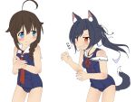  2girls absurdres ahoge animal_ears azur_lane black_hair blue_eyes blush braid breasts commentary_request dog_ears dog_tail fingernails hair_flaps hair_ornament highres kantai_collection long_hair multiple_girls ninini60394014 red_eyes school_swimsuit shigure_(azur_lane) shigure_(kantai_collection) side_braid simple_background sweatdrop swimsuit tail white_background 