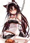  1girl @_@ alternate_costume animal_ears apron arms_behind_back bare_shoulders bdsm black_dress blush boned_meat breasts brown_hair chains cleavage collar collarbone commentary_request dress drooling efe elbow_gloves enmaided food frilled_apron frills gloves head_tilt highres imaizumi_kagerou large_breasts leash long_hair looking_at_viewer maid maid_headdress meat no_shoes partial_commentary red_collar red_eyes rope shadow simple_background sitting solo strapless strapless_dress tail tears touhou very_long_hair wariza white_apron white_background white_gloves wolf_ears wolf_tail 
