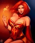 1girl breasts cleavage defense_of_the_ancients dota_2 dress fire large_breasts lina_inverse_(dota_2) looking_at_viewer orange_eyes orange_hair short_hair solo svoidist tagme 