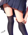  1girl adjusting_clothes adjusting_legwear black_legwear blue_skirt from_behind highres lower_body original pleated_skirt signature simple_background skirt solo thighhighs white_background wsman 