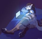  anthro bed breasts butt canid canine canis computer domestic_dog female flynx-flink laptop lying mammal on_side pillow pussy solo thick_thighs 