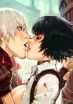  1boy 1girl biting black_hair blue_eyes blurry blurry_background breasts brown_eyes brown_gloves dante_(devil_may_cry) devil_may_cry devil_may_cry_3 fingerless_gloves gloves jacket kiss lady_(devil_may_cry) large_breasts lip_biting looking_at_another looking_at_viewer no_bra open_clothes open_shirt red_jacket scar short_hair strap typo_(requiemdusk) upper_body 