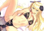  1girl absurdres bangs bare_arms bare_shoulders blonde_hair bow breasts collarbone floral_print hair_bow hair_ornament hand_up highres jin-lian long_hair looking_at_viewer lying medium_breasts navel on_back original pelvic_curtain seductive_smile shiny shiny_hair smile solo stomach tanaka_takayuki 