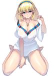  1girl blonde_hair blue_eyes blush breasts cleavage commentary_request covered_nipples curvy dress elf full_body hairband head_tilt highres index_finger_raised large_breasts looking_at_viewer masao medium_hair off-shoulder_dress off_shoulder original pointy_ears see-through short_dress sitting smile solo thighs toes wariza white_background white_dress wide_sleeves 