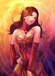  1girl breasts brown_eyes brown_hair cleavage defense_of_the_ancients dota_2 dress earrings highres jewelry large_breasts lina_inverse_(dota_2) long_hair looking_at_viewer seed01010 solo tagme 
