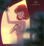  arm_up blue_eyes breast_hold breasts castle_of_cagliostro clarisse_de_cagliostro kikumaru_bunta looking_at_viewer lupin_iii medium_breasts navel nipples nude red_hair short_hair solo upper_body 