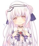  1girl :d azur_lane beret black_choker blue_bow blush bow choker collarbone collared_dress commentary_request crossed_bandaids cygnet_(azur_lane) double_bun dress fingers_together flying_sweatdrops hair_bow hair_ornament hands_up hat head_tilt long_hair long_sleeves open_mouth pink_eyes sakurato_ototo_shizuku side_bun simple_background smile solo upper_body very_long_hair white_background white_dress white_hair white_headwear 