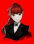  1girl bangs black_bow bow closed_mouth ex-trident eyebrows_visible_through_hair face highres medium_hair persona persona_5 persona_5_the_royal ponytail red_background red_bow red_eyes red_hair simple_background smile solo turtleneck yoshizawa_kasumi 