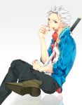 1boy black_pants blood blood_from_mouth blue_eyes devil_may_cry haine_(howling) injury katana looking_at_viewer medallion pants sitting skirt sleeves_rolled_up smile solo sword teeth vergil weapon white_background white_hair 
