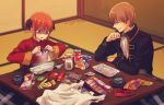  1boy 1girl black_jacket blue_eyes brown_hair china_dress chinese_clothes double_bun dress food gintama holding holding_spoon indoors jacket kagura_(gintama) kotatsu long_sleeves okita_sougo open_mouth orange_hair red_dress red_eyes shinsengumi_(gintama) short_hair sitting smile smug spoon szzz_k table under_kotatsu under_table white_neckwear 