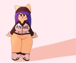  anormaluser blush bottomless cleft_of_venus clothed clothing domestic_cat english_text felid feline felis female footwear fur hair hat headgear headwear hoodie looking_at_viewer mammal navel partially_clothed purple_eyes purple_hair pussy shoes slightly_chubby smile solo text thick_thighs yellow_fur 