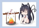  1girl animal_ear_fluff animal_ears ascot barefoot between_legs black_hair black_skirt blue_background blush burning campfire cat_ears cat_girl cat_tail censored chibi chisuzu_mei closed_mouth collared_shirt commentary_request eyes_closed fang fang_out fire hair_ribbon hand_between_legs long_hair long_sleeves mosaic_censoring multiple_tails nagato-chan paryi_project pleated_skirt red_neckwear red_ribbon ribbon shadow shirt sitting skirt solo tail tail_raised two-tone_background two_side_up two_tails very_long_hair virtual_youtuber white_background white_shirt 