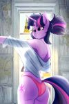  2019 absurd_res anthro anthrofied butt canterlot clothed clothing equid friendship_is_magic hair hi_res horn huckser mammal messy_hair my_little_pony panties partially_clothed ponytail purple_eyes purple_hair twilight_sparkle_(mlp) underwear unicorn window 