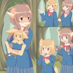  1:1 2019 anthro blue_eyes blush canid canine clothing clover cute_fangs duo eating female feral forest fox hair human human_to_anthro human_to_feral lagomorph leporid long_hair mammal open_mouth rabbit red_eyes roina school_uniform sequence shrinking smile species_transformation standing transformation tree uniform worried 
