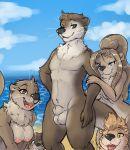  animal_genitalia anthro balls beach breasts colored_sketch family female fully_sheathed group hi_res looking_at_viewer lutrine male mammal mustelid nipples nude open_mouth seaside sheath smile xilrayne 